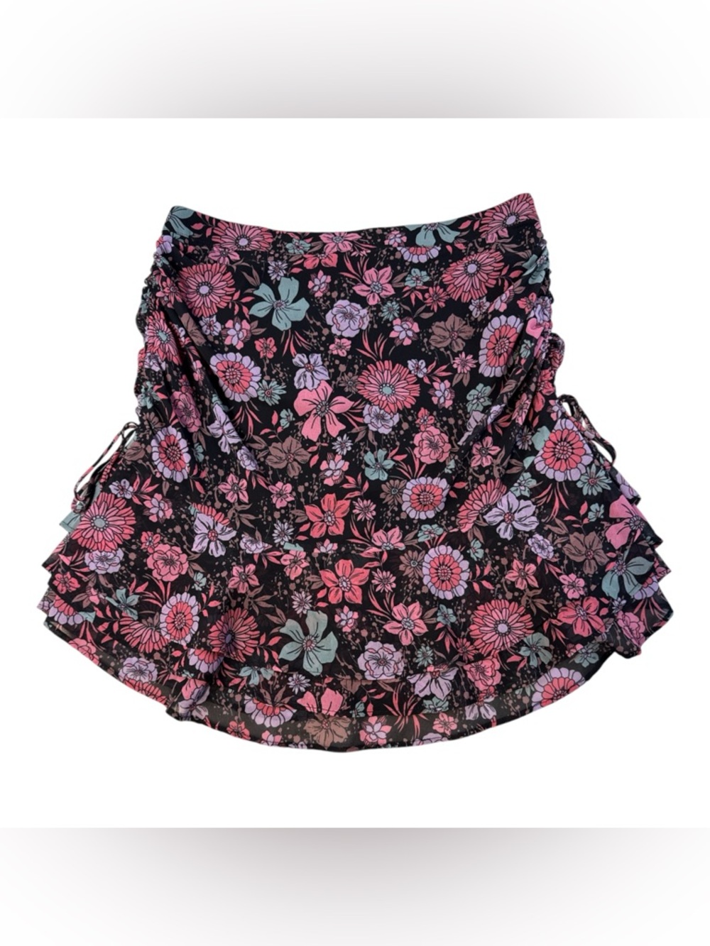 Majorelle Floral Ruffle Mini Skirt Black Pink Boho Tiered Size M - Picture 1 of 9